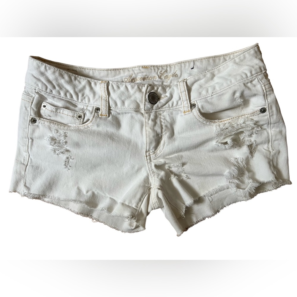 American Eagle MIDI Stretch Denim Destroyed White Jean Shorts Size 4